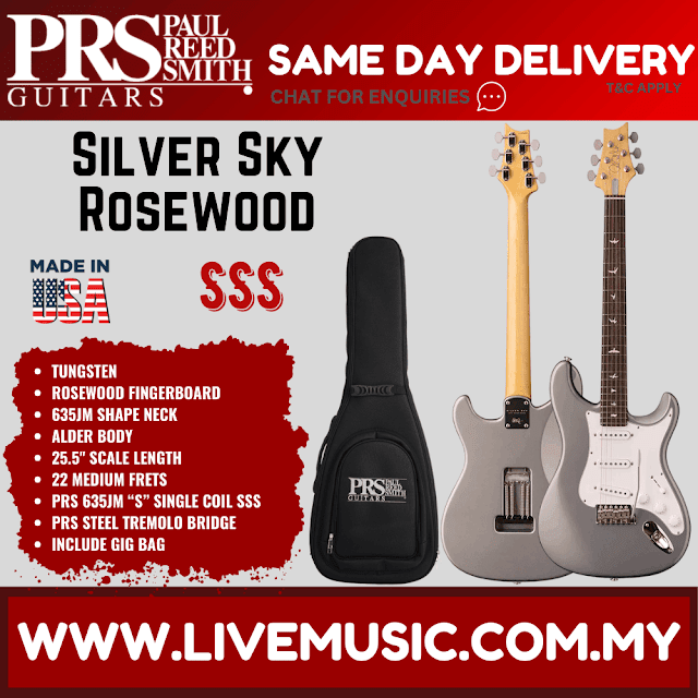 Silver Sky electric guitar with rosewood fingerboard and black gig bag