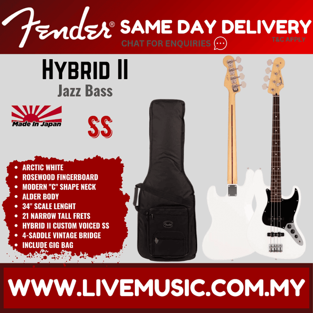 Fender Japan Hybrid II Jazz Bass Guitar, Rosewood Fretboard with Gig Bag - Arctic White