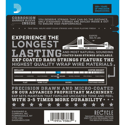 D'Addario EXL170 - Nickel Wound Bass Strings, Light, Long Scale (45-100)(Daddario)
