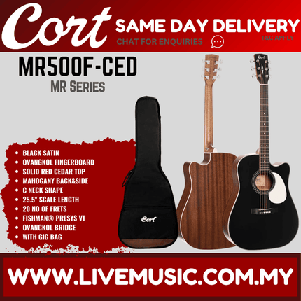 Cort MR500F-CED Acoustic Electric Guitar w/ Gig Bag, Rosewood Fingerboard - Black Satin ( MR500FCED / MR500F CED )