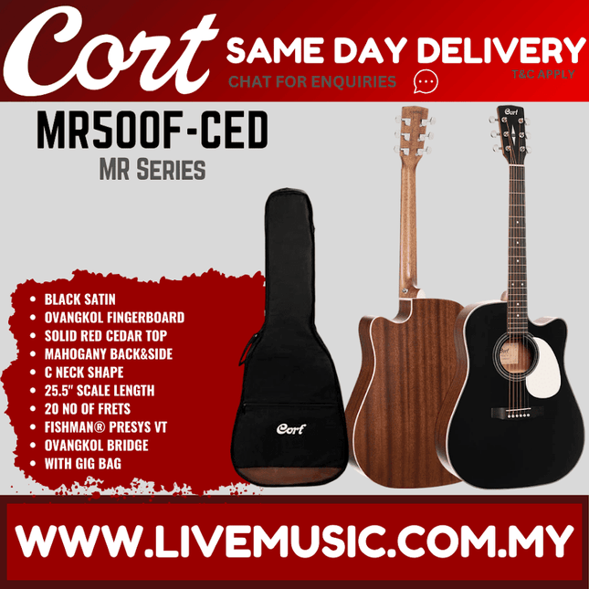 Cort MR500F-CED Acoustic Electric Guitar w/ Gig Bag, Rosewood Fingerboard - Black Satin ( MR500FCED / MR500F CED )
