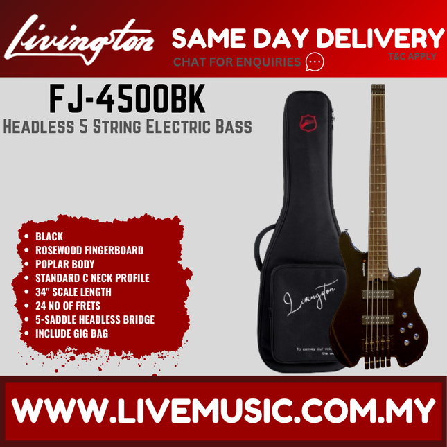 Livingston FJ-4500 5-String Headless Electric Guitar Bass, RW Fretboard - ( FJ 4500 FJ4500 )