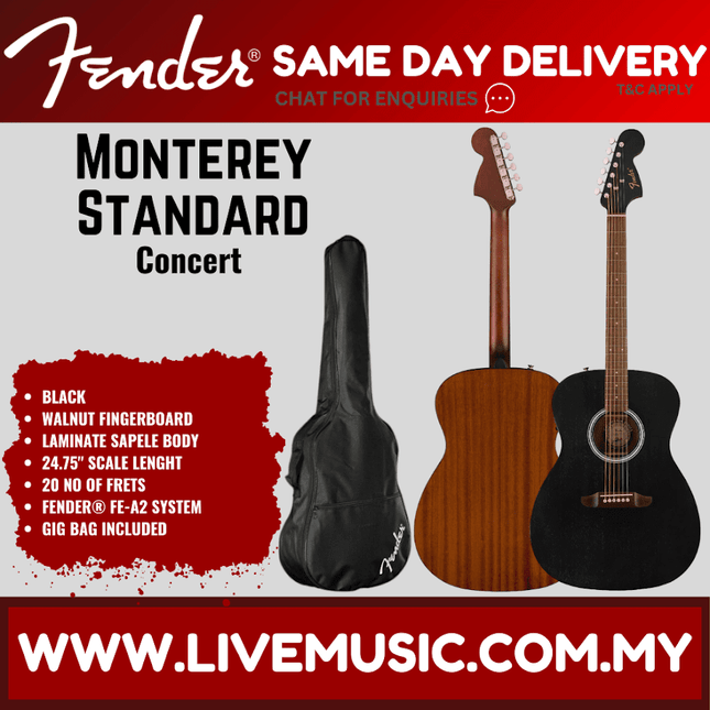 Acoustic guitar with walnut fingerboard, black pickguard, and included gig bag