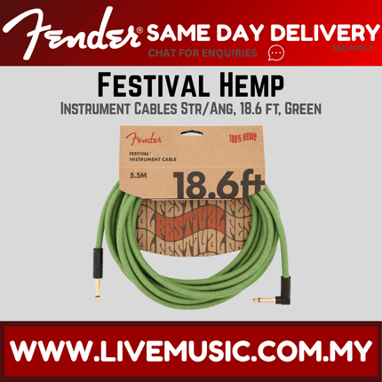 Fender Festival Hemp Angled Instrument Cable, 18.6ft, Pure Hemp - Green