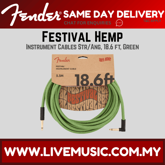 Fender Festival Hemp angled instrument cable, green coiled 18.6 ft package