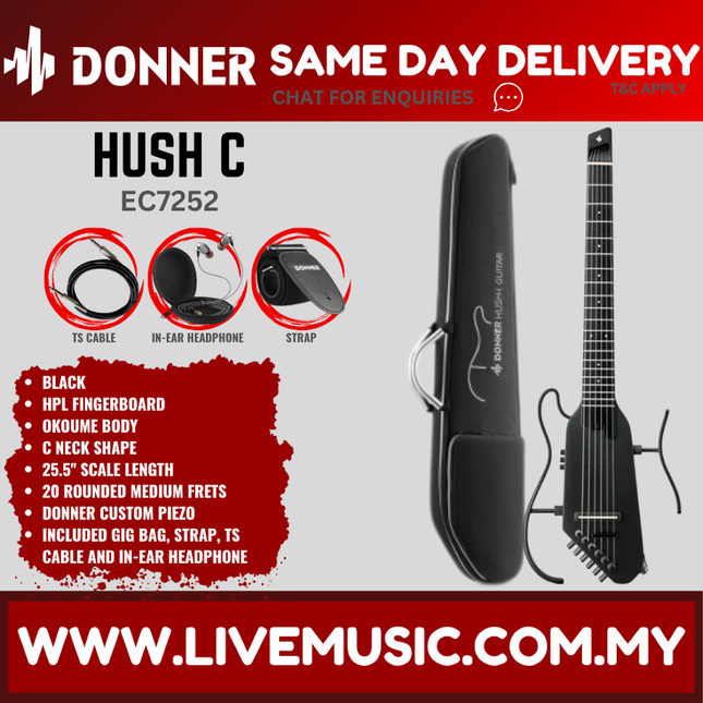 Donner Ec7252 Hush-C Classical Electric Guitar - Black ( HUSH C / HUSHC )