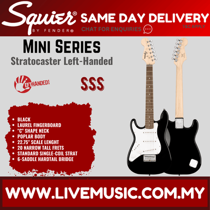 Squier Mini Stratocaster Left-Handed Electric Guitar, Laurel Fretboard - Black