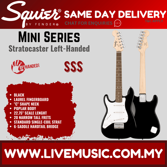 Squier Mini Stratocaster Left-Handed Electric Guitar, Laurel Fretboard - Black