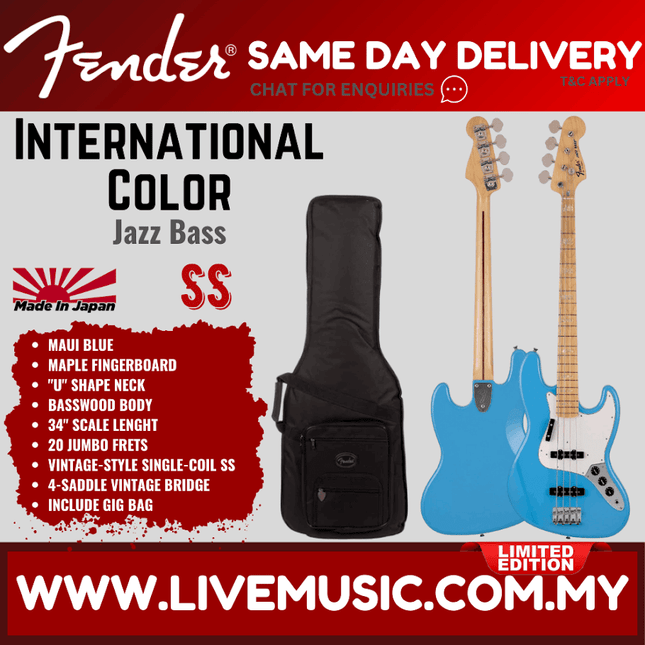 Fender Japan Limited International Color Jazz Bass Electric Guitar, Maple FB, Maui Blue
