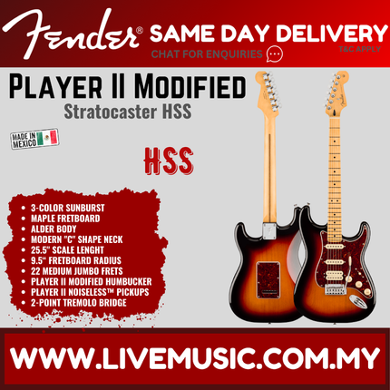 Fender Player II Modified Stratocaster HSS Electric Guitar, Maple FB, 3 Tone Sunburst