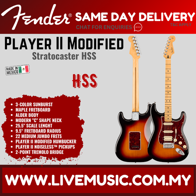 Fender Player II Modified Stratocaster HSS Electric Guitar, Maple FB, 3 Tone Sunburst