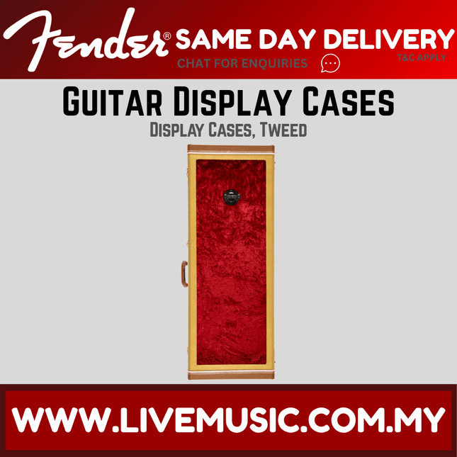 Tweed guitar display case with red velvet insert and hinged door