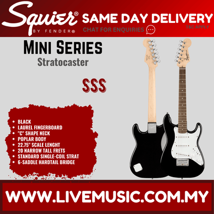 Squier Mini Stratocaster Electric Guitar, Laurel Fretboard - Black