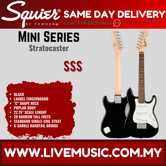 Squier Mini Stratocaster Electric Guitar, Laurel Fretboard - Black