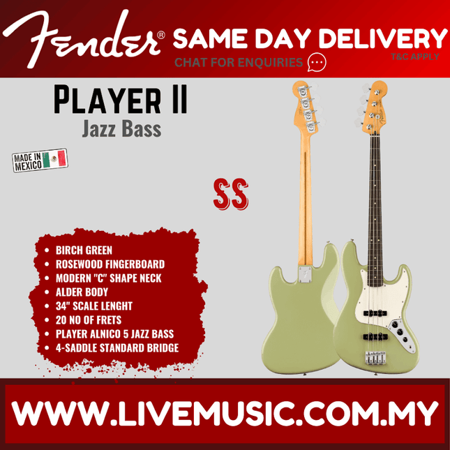 Fender Player II Jazz Bass Guitar, RW FB, Birch Green / Hialeah Yellow / 3 Tone Sunburst / Aquatone Blue