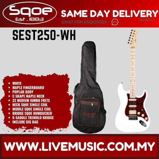 SQOE SEST250 Stratocaster HSS 6-String Electric Guitar w/Gig Bag, Rosewood FB - White ( SEST 250 / SEST-250 )