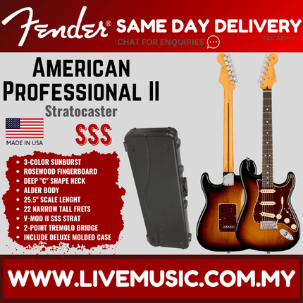 Fender American Professional II Stratocaster Electric Guitar, Rosewood Fretboard - 3-Tone Sunburst