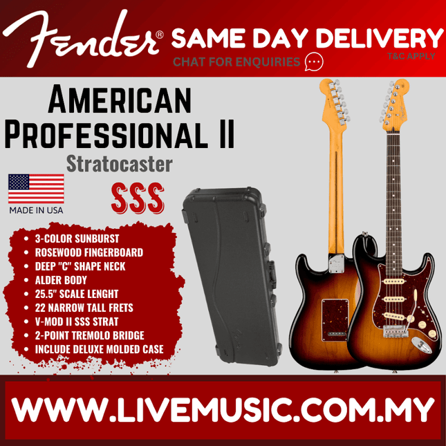 Fender American Professional II Stratocaster Electric Guitar, Rosewood Fretboard - 3-Tone Sunburst