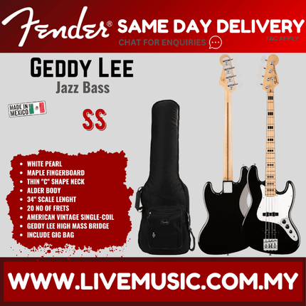 Fender Artist Geddy Lee Jazz Bass Guitar, Maple Fretboard 3-Ply White Pickguard with Gig Bag - Black