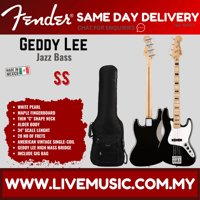 Fender Artist Geddy Lee Jazz Bass Guitar, Maple Fretboard 3-Ply White Pickguard with Gig Bag - Black