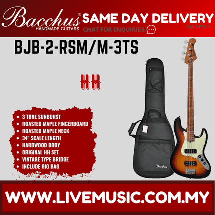 Bacchus BJB-2-RSM/M Jazz Bass HH Guitar - 3 Tone Sunburst ( BJB2RSM BJB2 RSM )