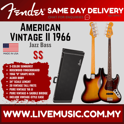 Fender American Vintage II 66 Jazz Bass Guitar, RW FB, 3-Tone Sunburst