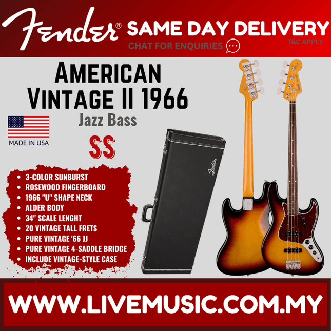 Fender American Vintage II 1966 Jazz Bass guitar, 3-tone sunburst, with case