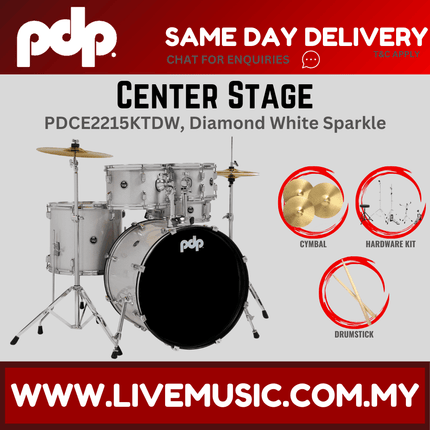 PDP Center Stage 5-piece Complete Drum Set with Hardware, Stool and Cymbal - Diamond White Sparkle ( PDCE2215KT )
