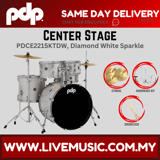 PDP Center Stage 5-piece Complete Drum Set with Hardware, Stool and Cymbal - Diamond White Sparkle ( PDCE2215KT )