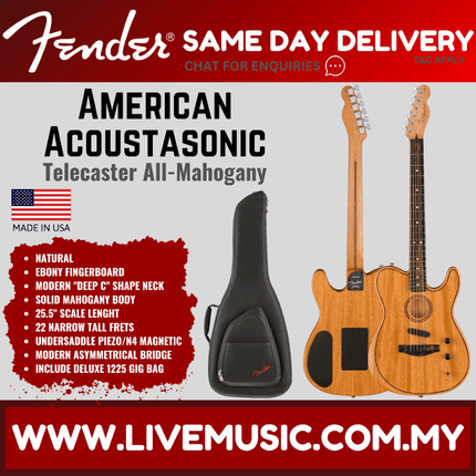 Fender American Acoustasonic Telecaster All Mahogany Guitar w/Bag, Ebony FB, Natural