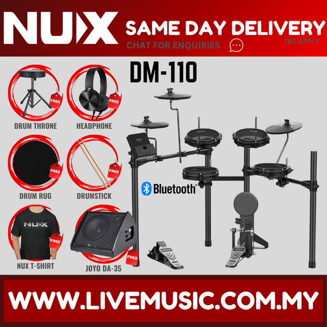 Digital electronic drum set with kick pedal and Bluetooth module, plus JOYO DA-35 speaker shown.