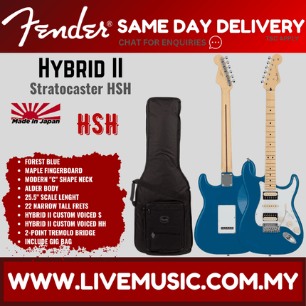 Fender Japan Hybrid II Stratocaster HSH Electric Guitar, Maple FB, Forest Blue