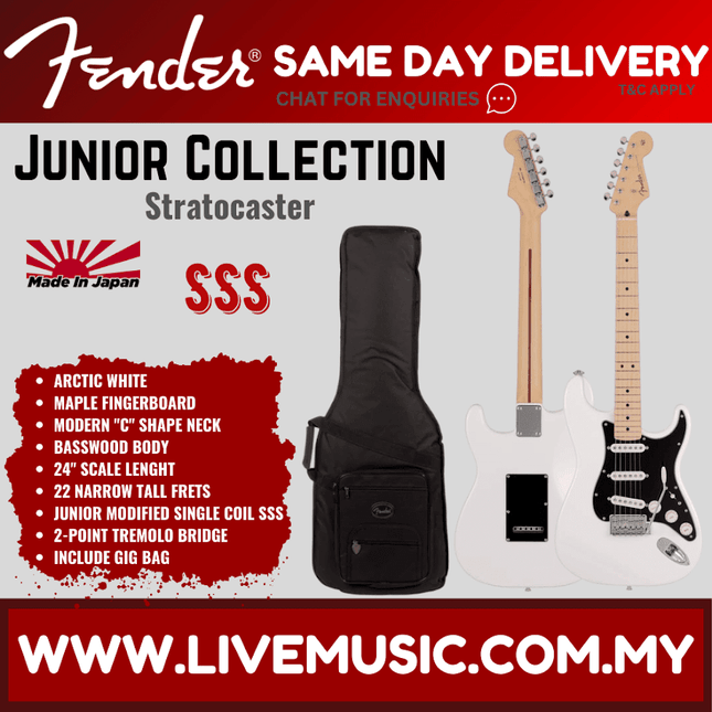 Fender Japan Junior Collection Stratocaster Electric Guitar, Maple FB, Arctic White