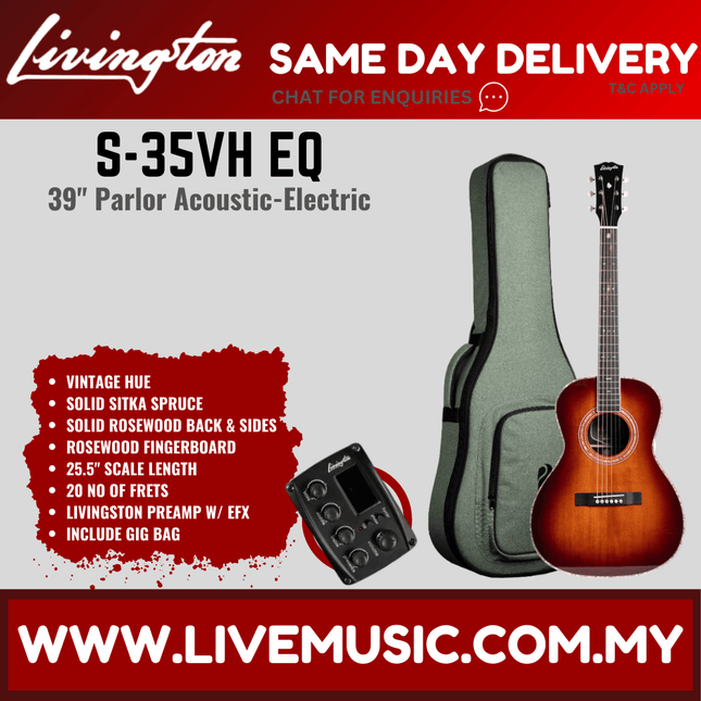 Livingston S-35 EQ 39" Full Solid Parlor Acoustic Guitar, Rosewood FB - Vintage Original / Vintage Hues ( S35 S 35 )