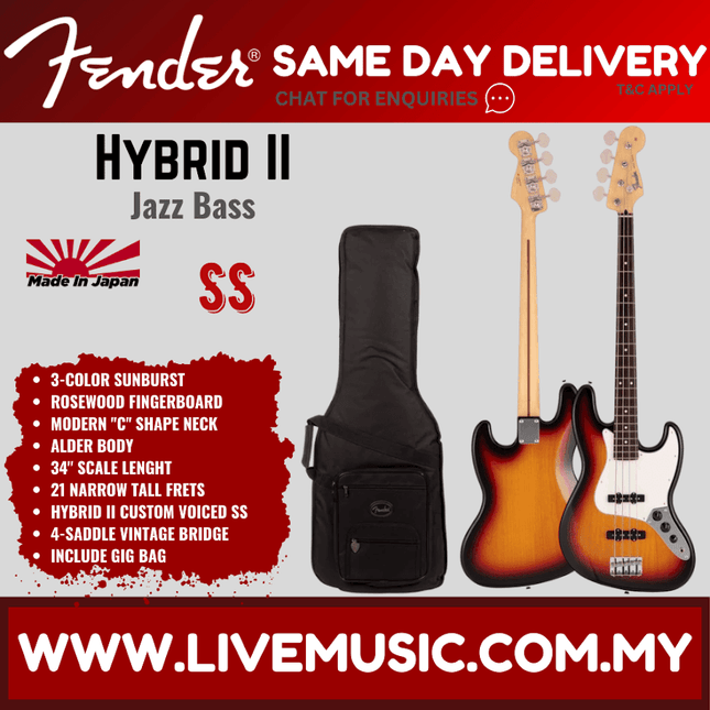 Fender Japan Hybrid II Jazz Bass Guitar, Rosewood Fretboard with Gig Bag - 3-Color Sunburst