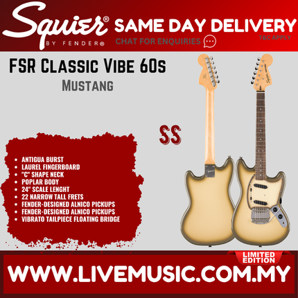 Squier FSR Classic Vibe 60s Mustang Guitar w/Black Pickguard, Laurel FB, Antigua Burst