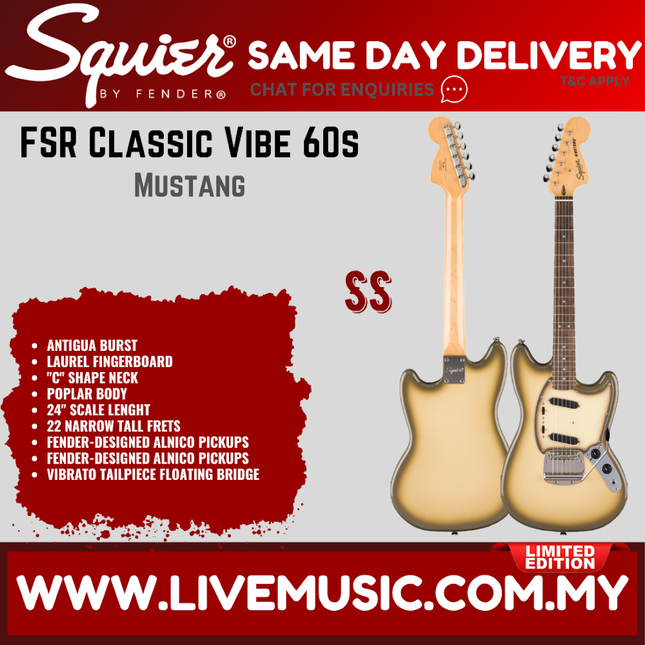 Squier FSR Classic Vibe 60s Mustang Guitar w/Black Pickguard, Laurel FB, Antigua Burst