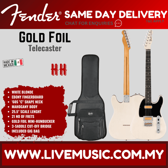 Fender Gold Foil Telecaster Electric Guitar, Ebony FB, White Blonde