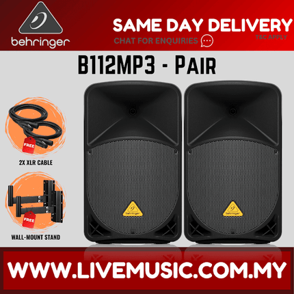 Behringer Eurolive B112MP3 1000W 12" Powered Speaker w/UG-88HH Wireless Mic, Speaker Stand and Cable - Pair ( B-112MP3 / B 112MP3 )