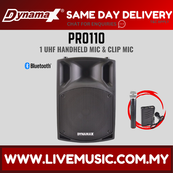 Dynamax PRO110 10in Bluetooth portable PA speaker with handheld and clip mic