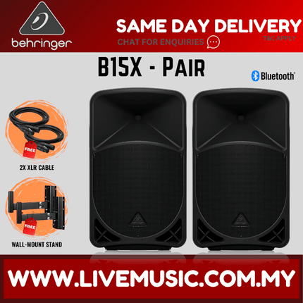 Behringer B15X 1000W 15" Powered Speaker w/UG-88HH Wireless Mic, Speaker Stand and Cable - Pair ( B-15X / B 15X )