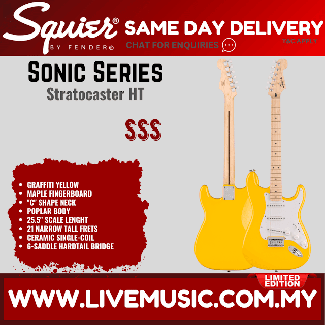 Squier Limited Edition Sonic Stratocaster HT Electric Guitar w/White Pickguard, Maple FB, Graffiti Yellow