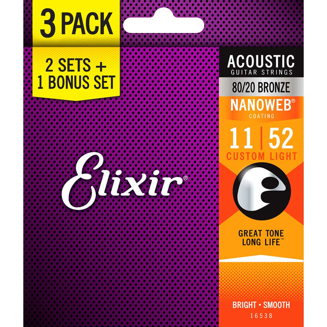 Elixir 16538 Nanoweb 80/20 Bronze Custom Light Acoustic Guitar Strings - 3 Pack (11-52)