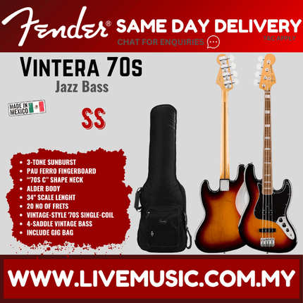 Fender Vintera 70s Jazz Bass Guitar, Pau Ferro Fretboard with Gig Bag - 3-Tone Sunburst