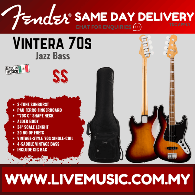 Fender Vintera 70s Jazz Bass Guitar, Pau Ferro Fretboard with Gig Bag - 3-Tone Sunburst