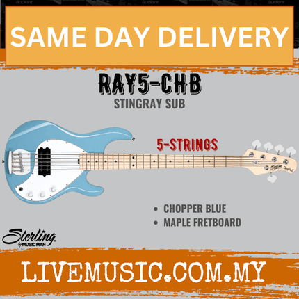 Sterling Ray5 Stingray 5-String Electric Bass Guitar Maple Fretboard - Chopper Blue (Ray-5/Ray 5)