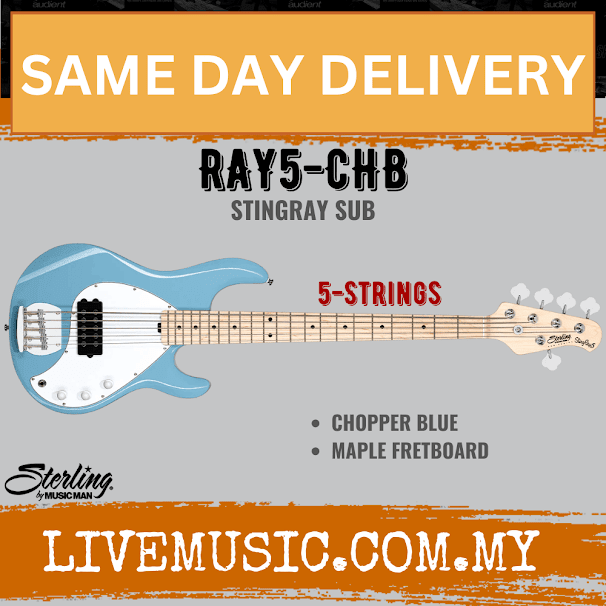 Sterling Ray5 Stingray 5-String Electric Bass Guitar Maple Fretboard - Chopper Blue (Ray-5/Ray 5)