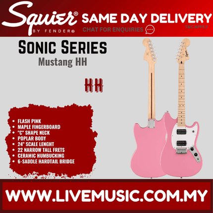 Squier Sonic Mustang HH Electric Guitar w/White Pickguard, Maple FB, Flash Pink