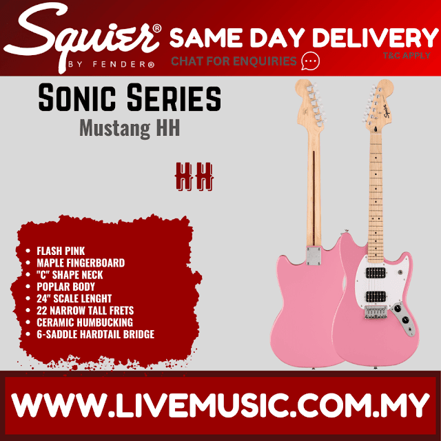 Squier Sonic Mustang HH Electric Guitar w/White Pickguard, Maple FB, Flash Pink