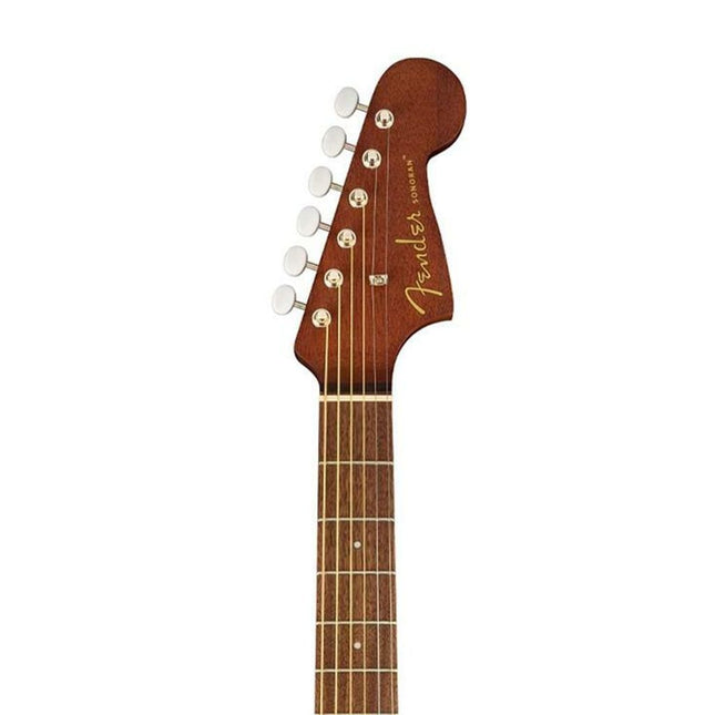 Mahogany mini acoustic guitar front view with tuning pegs and strings